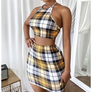 Plaid Crop Halter Top & Skirt